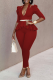 Burgundy Work Solid Flounce V Neck Half Sleeve Two Pieces (not with Belt)