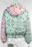 Pink Green Fashion Casual Print Patchwork Hooded Collar Outerwear