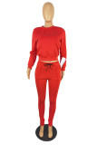 Red Fashion Casual Solid Basic O Neck Long Sleeve Two Pieces