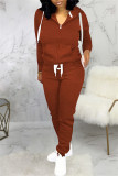 Brown Fashion Casual Solid Patchwork Hooded Collar Long Sleeve Two Pieces