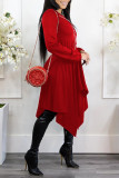 Red Casual Solid Patchwork Asymmetrical Zipper Hooded Collar Irregular Dress Dresses