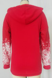 Red Casual Print Patchwork Hooded Collar Tops