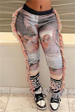 Pink Fashion Casual Print Tassel Patchwork Regular High Waist Pencil Trousers