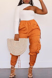 Orange Fashion Casual Solid Hollowed Out Regular High Waist Trousers