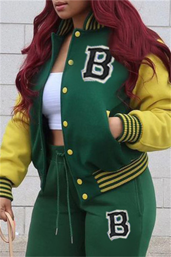 Green Fashion Casual Letter Patchwork Buckle Outerwear