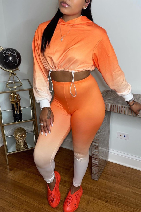 Orange Fashion Casual Gradual Change Print Basic Hooded Collar Long Sleeve Two Pieces
