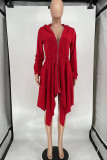 Red Casual Solid Patchwork Asymmetrical Zipper Hooded Collar Irregular Dress Dresses
