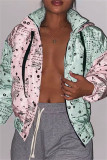 Pink Green Fashion Casual Print Patchwork Hooded Collar Outerwear