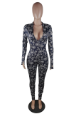 Black Sexy Print Patchwork Zipper Collar Skinny Jumpsuits