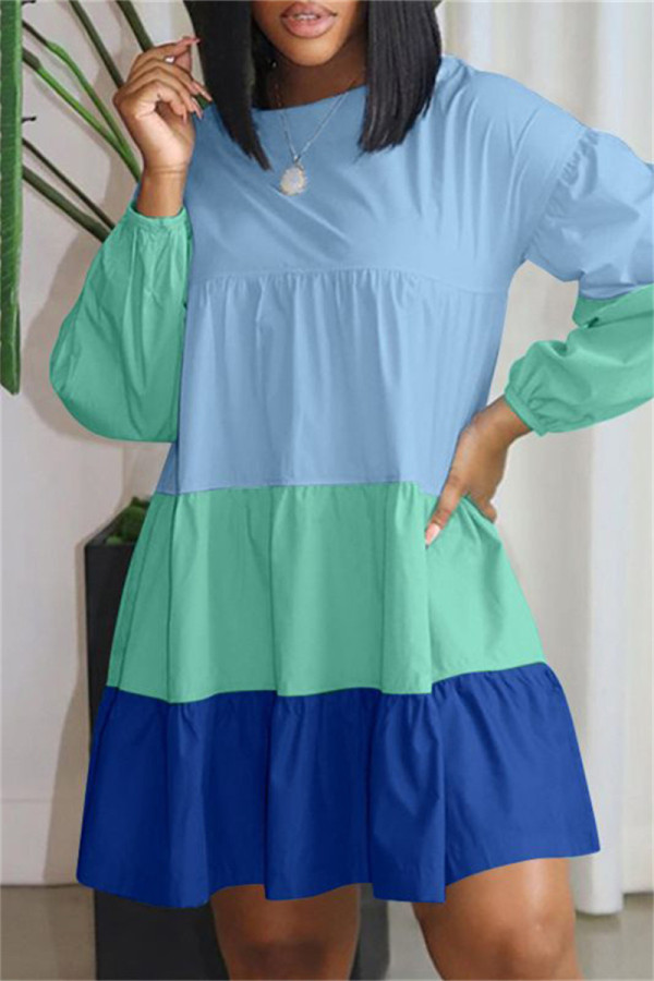 Blue Fashion Casual Patchwork Basic O Neck Long Sleeve Dresses