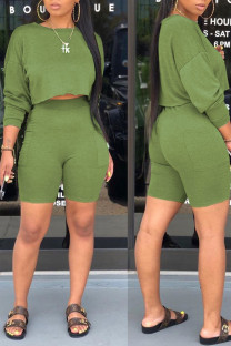 Green Casual Solid Split Joint O Neck Long Sleeve Two Pieces