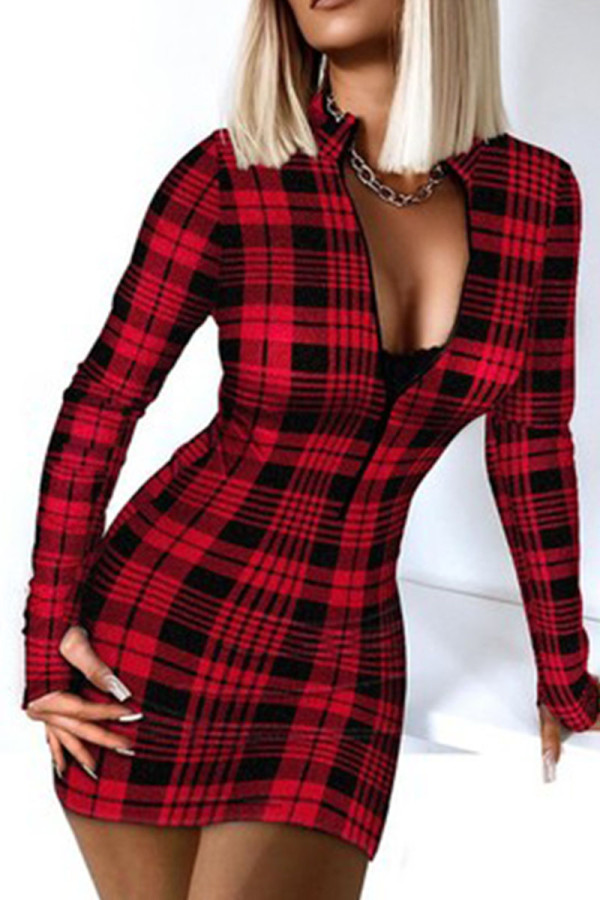 Red Sexy Print Patchwork Zipper Collar Pencil Skirt Dresses