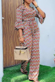 Red Fashion Casual Print Basic V Neck Three Quarter Two Pieces