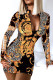 Yellow Sexy Print Patchwork Zipper Collar Pencil Skirt Dresses