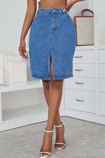 Medium Blue Casual Solid Split Joint Slit High Waist Denim Skirts