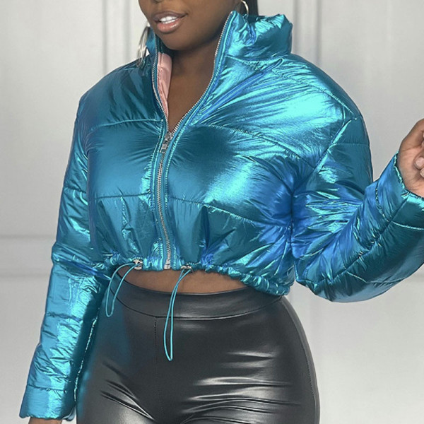 Blue Casual Street Solid Patchwork Zipper Outerwear