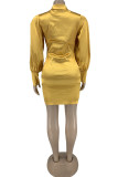 Gold Fashion Sexy Solid Fold Turndown Collar Long Sleeve Dresses