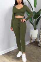 Army Green Casual Sportswear Pit Article Fabrics Solid Pullovers Pants Basic Hooded Collar Long Sleeve Regular Sleeve Short Two Pieces