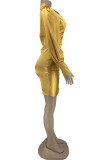 Gold Fashion Sexy Solid Fold Turndown Collar Long Sleeve Dresses