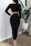 Black Casual Sportswear Pit Article Fabrics Solid Pullovers Pants Basic Hooded Collar Long Sleeve Regular Sleeve Short Two Pieces