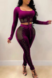 Purple Sexy Solid Patchwork O Neck Long Sleeve Two Pieces