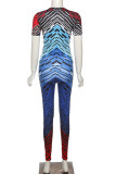 Blue Fashion Casual Print Basic O Neck Short Sleeve Two Pieces