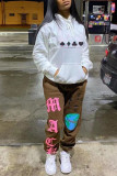 White Red Fashion Casual Print Basic Hooded Collar Tops