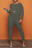 Army Green Casual Solid Draw String O Neck Long Sleeve Two Pieces