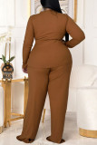 Khaki Casual Solid Bandage Split Joint O Neck Plus Size Two Pieces