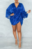 Red Sexy Solid Patchwork Sequins V Neck Irregular Dress Dresses