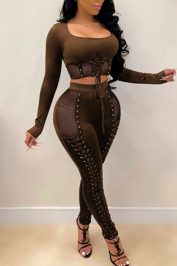 Brown Sexy Solid Patchwork O Neck Long Sleeve Two Pieces
