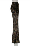 Black Fashion Casual Print Leopard Basic Regular High Waist Trousers