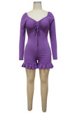 Purple Fashion Casual Solid Bandage Draw String V Neck Skinny Romper