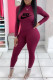 Burgundy Fashion Street Print Patchwork O Neck Long Sleeve Two Pieces