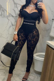 Black Fashion Sexy Patchwork See-through Skinny High Waist Pencil Trousers
