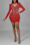 Red Sexy Solid Hollowed Out Patchwork Hot Drill Half A Turtleneck One Step Skirt Dresses
