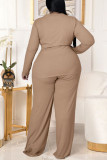 Coffee Casual Solid Bandage Split Joint O Neck Plus Size Two Pieces