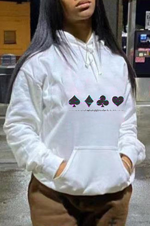 White Black Fashion Casual Print Basic Hooded Collar Tops