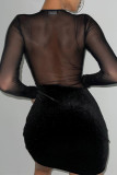 Black Fashion Sexy Patchwork See-through O Neck Long Sleeve Dresses