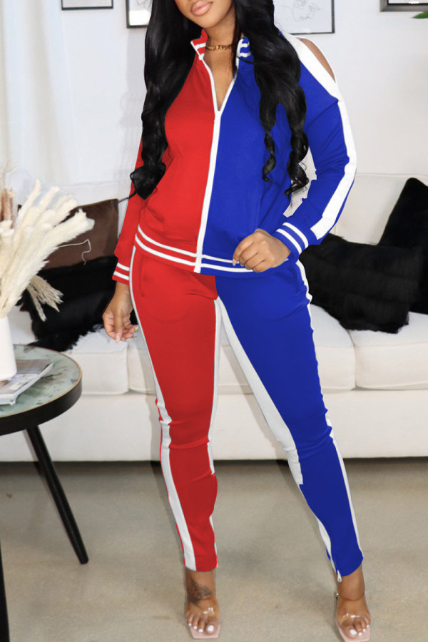 Red Blue Fashion Casual Patchwork Hollowed Out Zipper Collar Long Sleeve Two Pieces