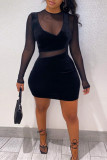 Black Fashion Sexy Patchwork See-through O Neck Long Sleeve Dresses