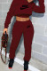 Burgundy Fashion Casual Print Patchwork Letter Hooded Collar Long Sleeve Two Pieces
