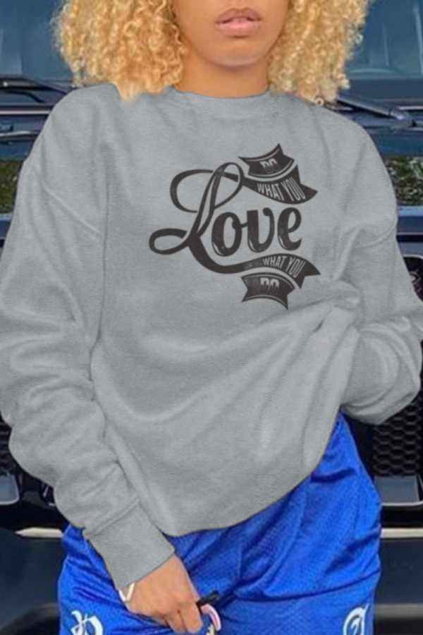 Grey Fashion Street Print Letter O Neck Tops