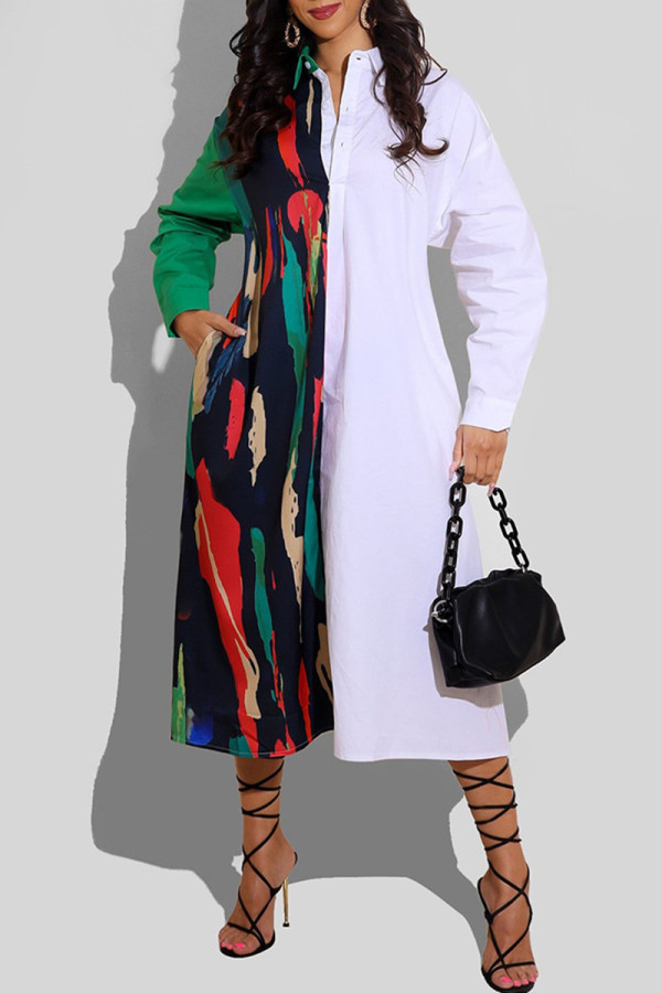 White Fashion Casual Print Patchwork Turndown Collar Long Sleeve Shirt Dress