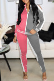 Pink Fashion Casual Patchwork Hollowed Out Zipper Collar Long Sleeve Two Pieces