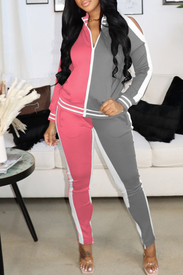 Pink Gray Fashion Casual Patchwork Hollowed Out Zipper Collar Long Sleeve Two Pieces