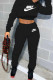 Black Fashion Casual Print Patchwork Letter Hooded Collar Long Sleeve Two Pieces