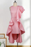 Pink Fashion Sexy Solid Patchwork O Neck Irregular Dress Dresses
