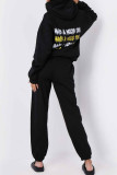 Black Fashion Casual Letter Print Basic Hooded Collar Long Sleeve Two Pieces