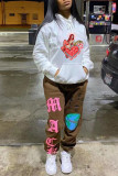 White Red Fashion Casual Print Basic Hooded Collar Tops